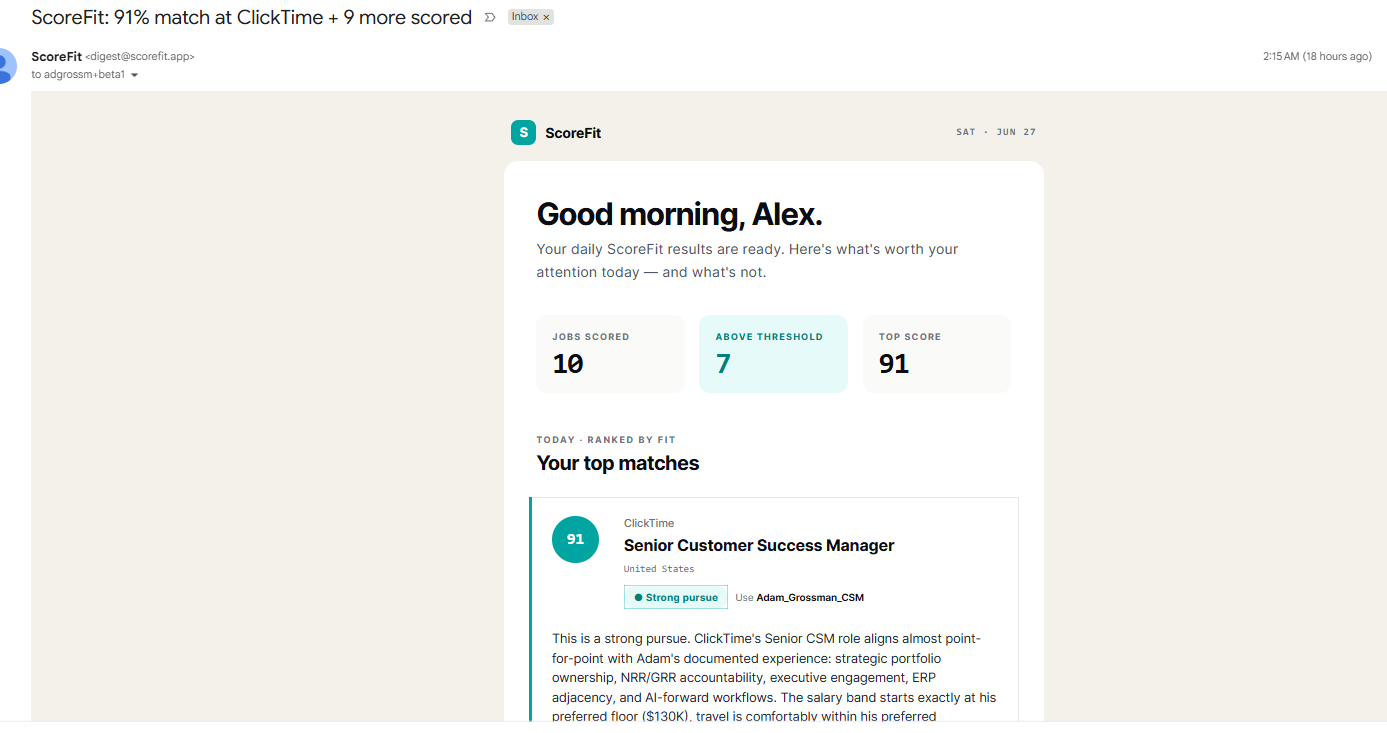 Daily email digest -- top matches scored and ranked, delivered every morning