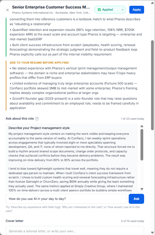 Job detail -- Ask about this role and cover letter generation
