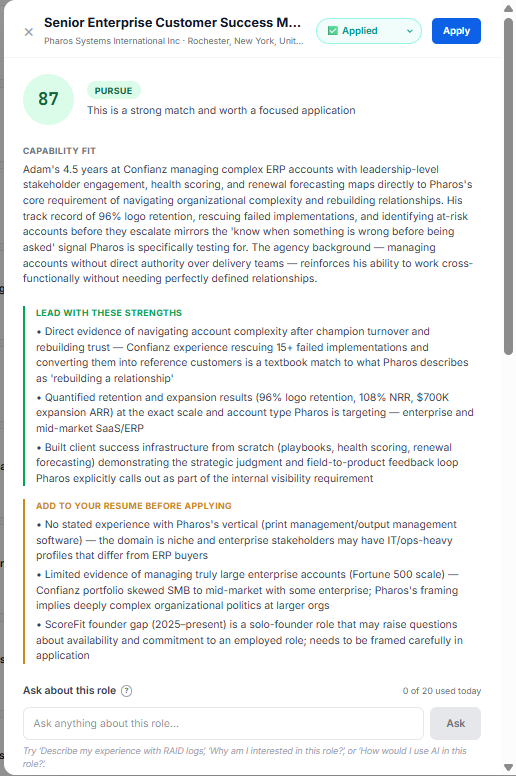 Detailed scoring breakdown -- strengths, gaps, and resume guidance